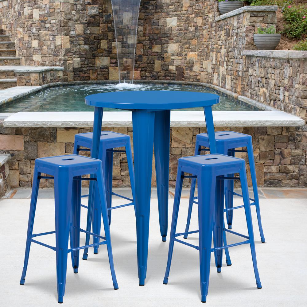 Commercial Grade 30" Round Blue Metal Indoor-Outdoor Bar Table Set with 4 Square Seat Backless Stools. Picture 4