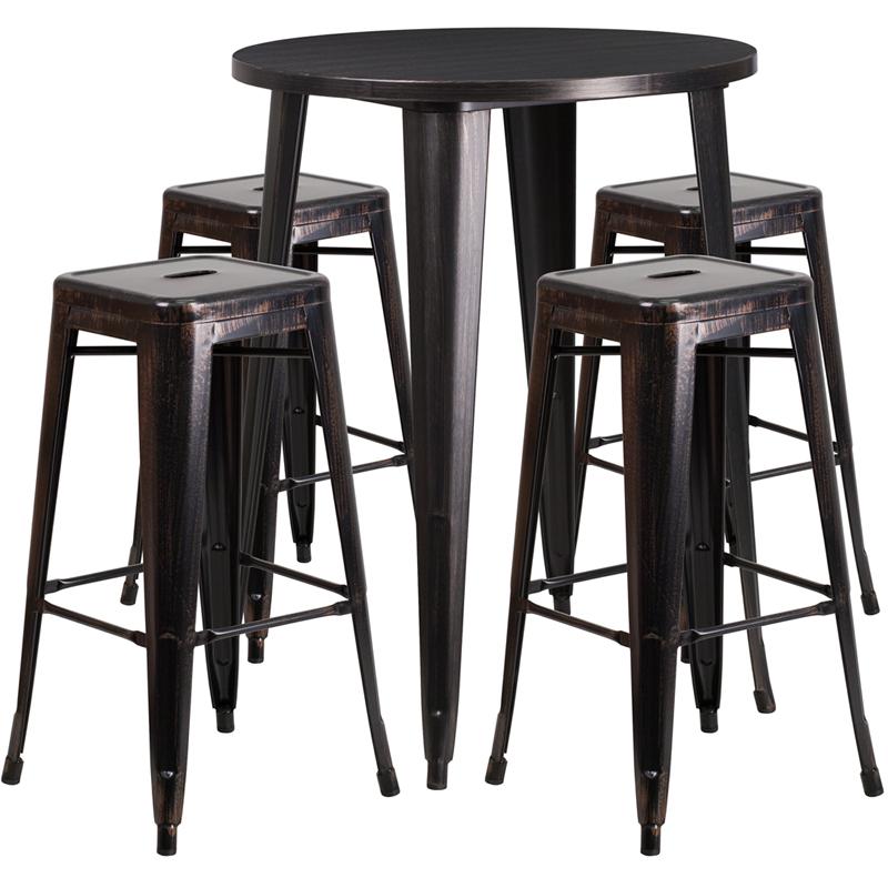 30" Round Black-Antique Gold Metal Indoor-Bar Table Set with 4 Seat Stools. Picture 2