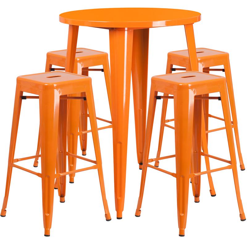 Commercial Grade 30" Round Orange Metal Indoor-Outdoor Bar Table Set with 4 Square Seat Backless Stools. Picture 1