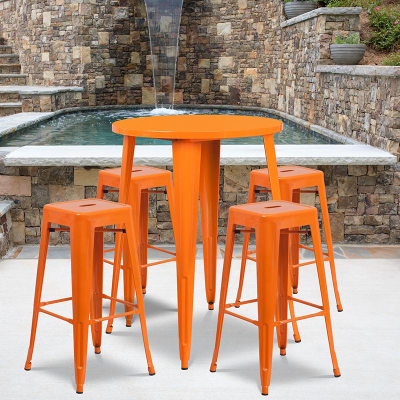 Commercial Grade 30" Round Orange Metal Indoor-Outdoor Bar Table Set with 4 Square Seat Backless Stools. Picture 4