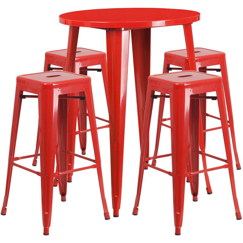 30" Round Red Metal Indoor-Outdoor Bar Table Set with 4 Seat Backless Stools. Picture 2