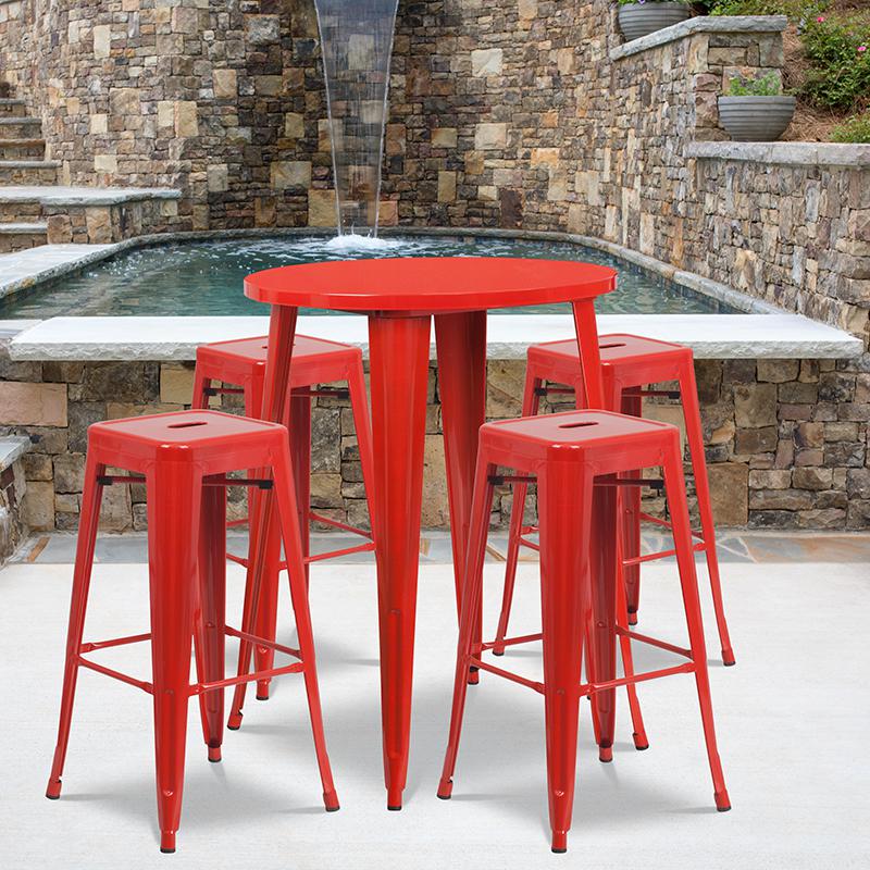 Commercial Grade 30" Round Red Metal Indoor-Outdoor Bar Table Set with 4 Square Seat Backless Stools. Picture 4