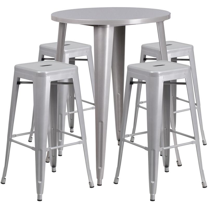 30" Round Silver Metal Indoor-Outdoor Bar Table Set with 4 Seat Backless Stools. Picture 2