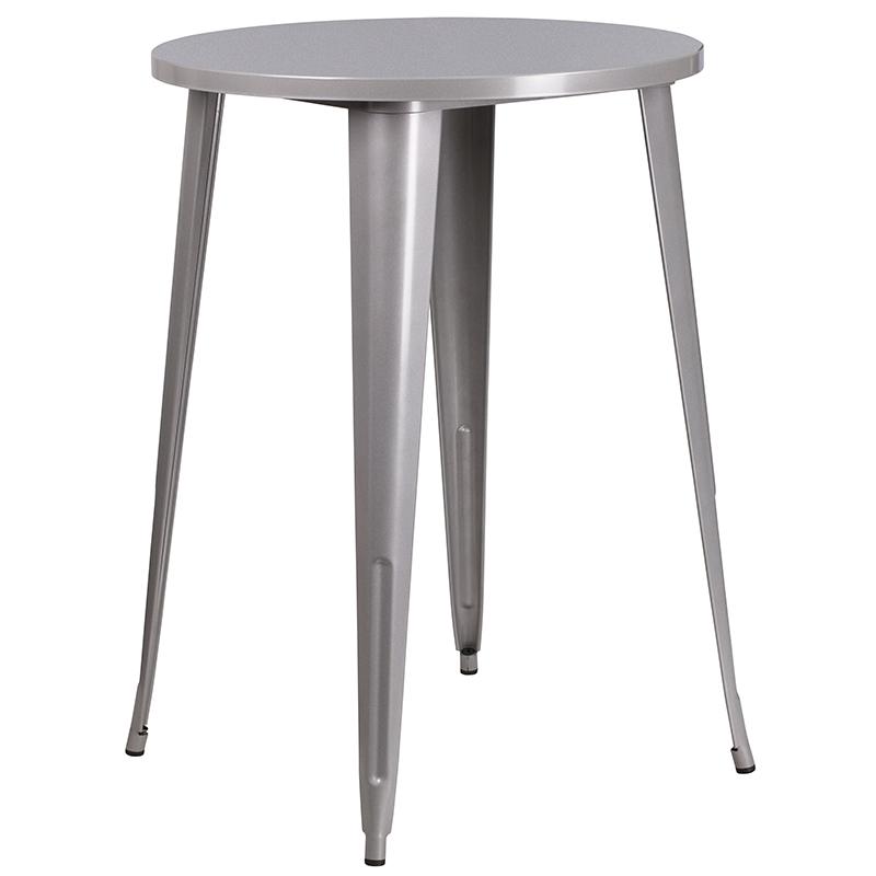 30'' Round Silver Metal In-Outdoor Bar Table Set-4 Square Seat Backless Stools. Picture 4