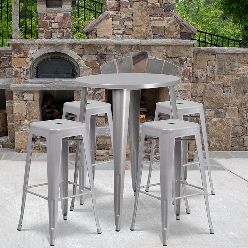 30" Round Silver Metal Indoor-Outdoor Bar Table Set with 4 Seat Backless Stools. Picture 1
