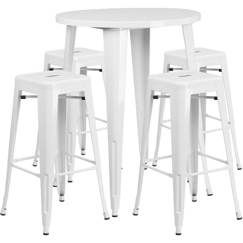 Commercial Grade 30" Round White Metal Indoor-Outdoor Bar Table Set with 4 Square Seat Backless Stools. Picture 1