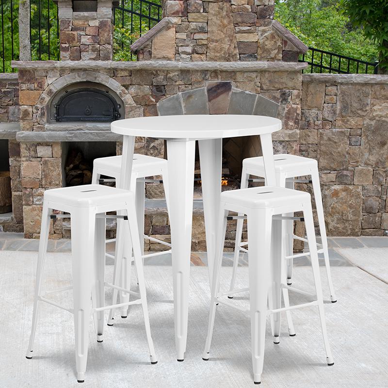 Commercial Grade 30" Round White Metal Indoor-Outdoor Bar Table Set with 4 Square Seat Backless Stools. Picture 4