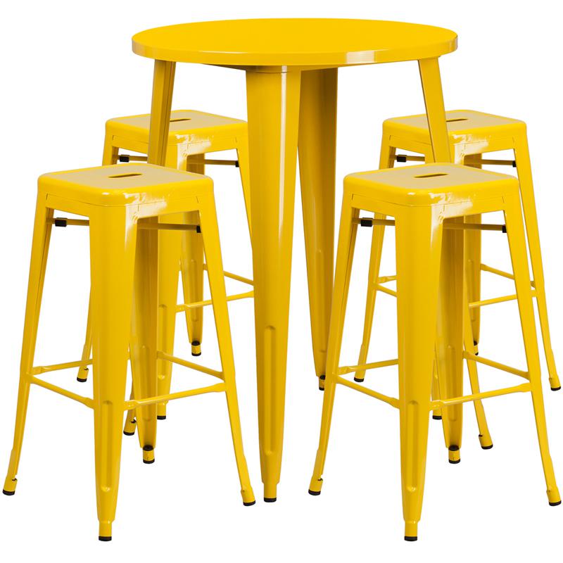 30" Round Yellow Metal Indoor-Outdoor Bar Table Set with 4 Seat Backless Stools. Picture 2