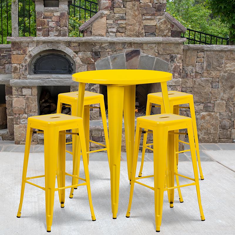 Commercial Grade 30" Round Yellow Metal Indoor-Outdoor Bar Table Set with 4 Square Seat Backless Stools. Picture 4
