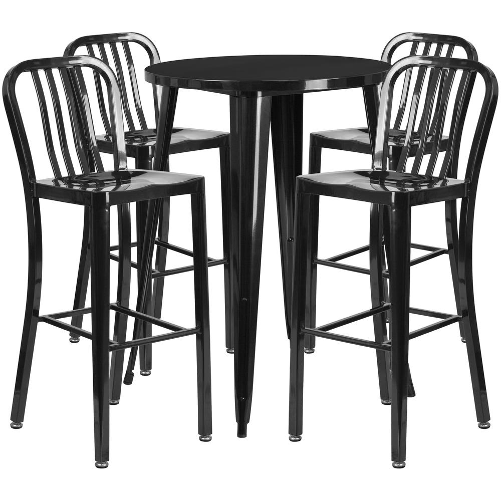 Commercial Grade 30" Round Black Metal Indoor-Outdoor Bar Table Set with 4 Vertical Slat Back Stools. Picture 1