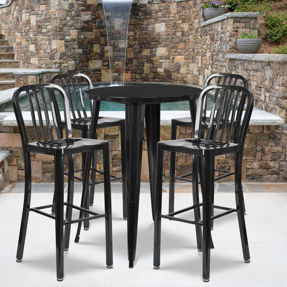Commercial Grade 30" Round Black Metal Indoor-Outdoor Bar Table Set with 4 Vertical Slat Back Stools. Picture 4