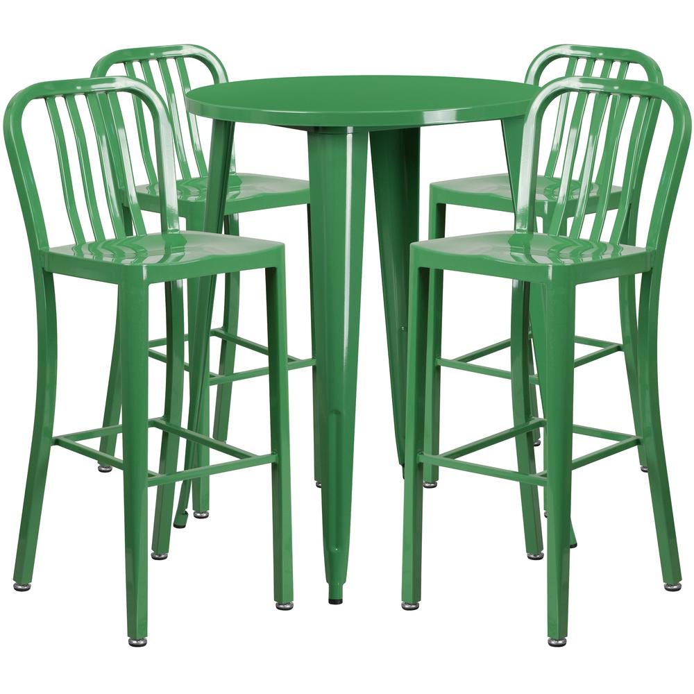 Commercial Grade 30" Round Green Metal Indoor-Outdoor Bar Table Set with 4 Vertical Slat Back Stools. Picture 1