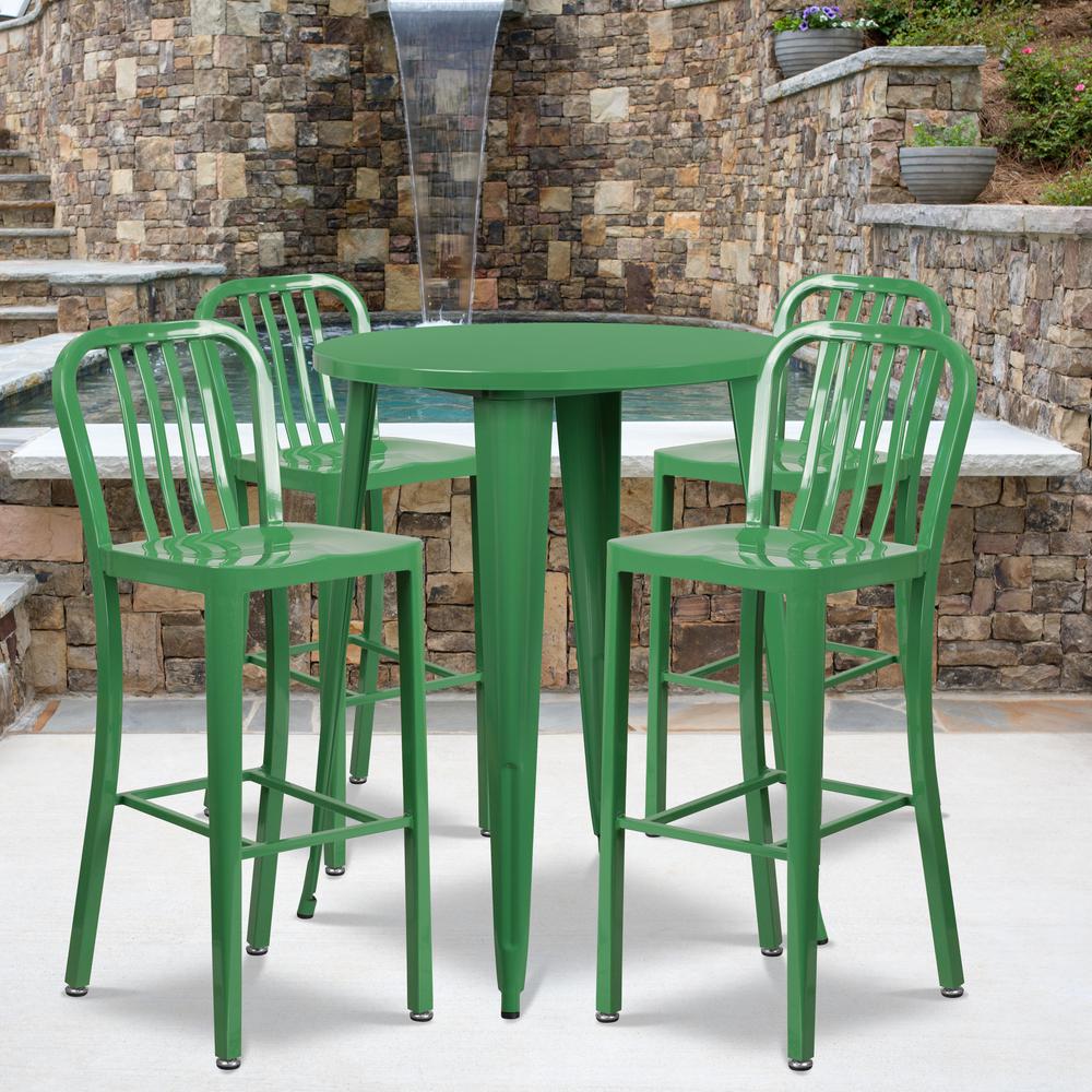 Commercial Grade 30" Round Green Metal Indoor-Outdoor Bar Table Set with 4 Vertical Slat Back Stools. Picture 4