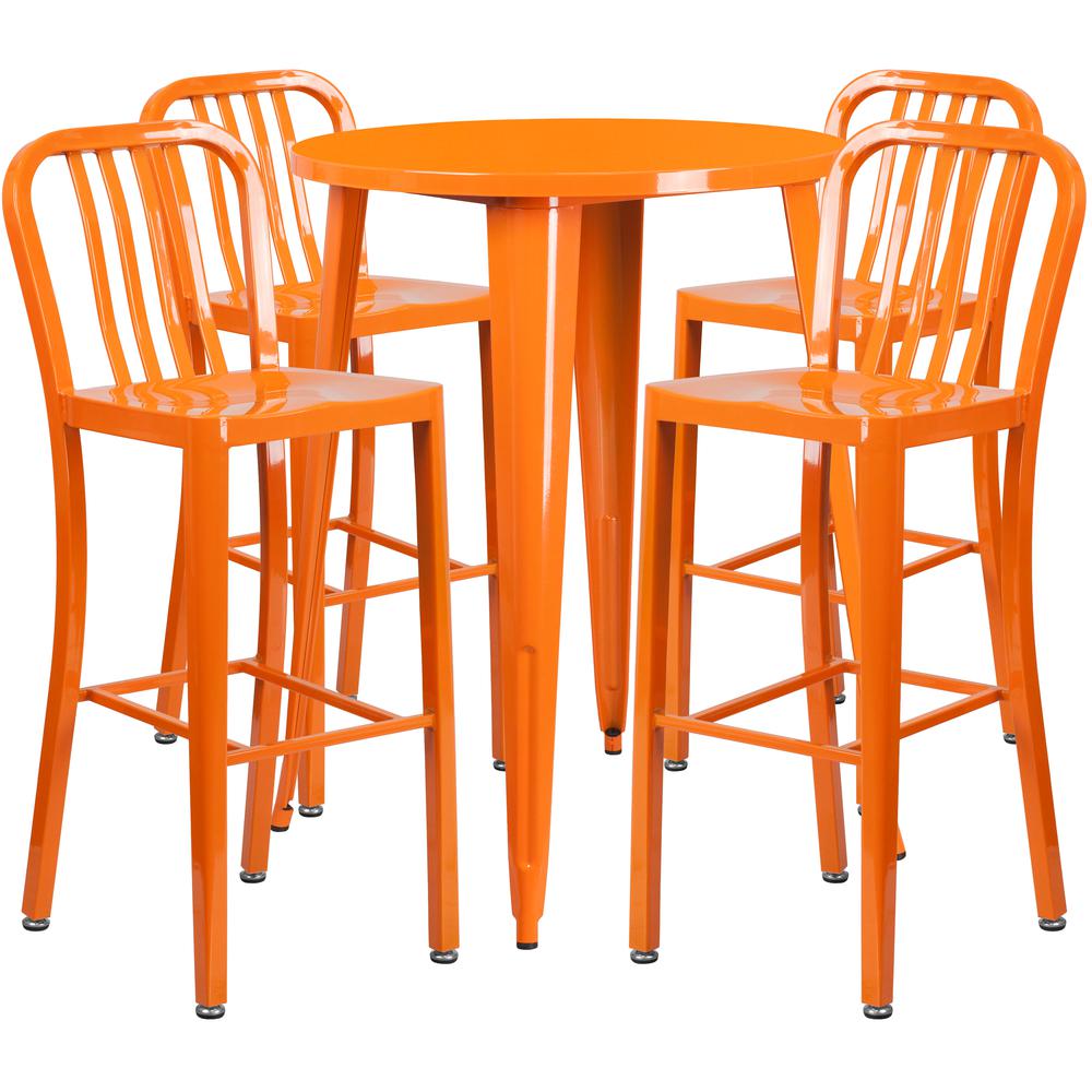 Commercial Grade 30" Round Orange Metal Indoor-Outdoor Bar Table Set with 4 Vertical Slat Back Stools. Picture 1