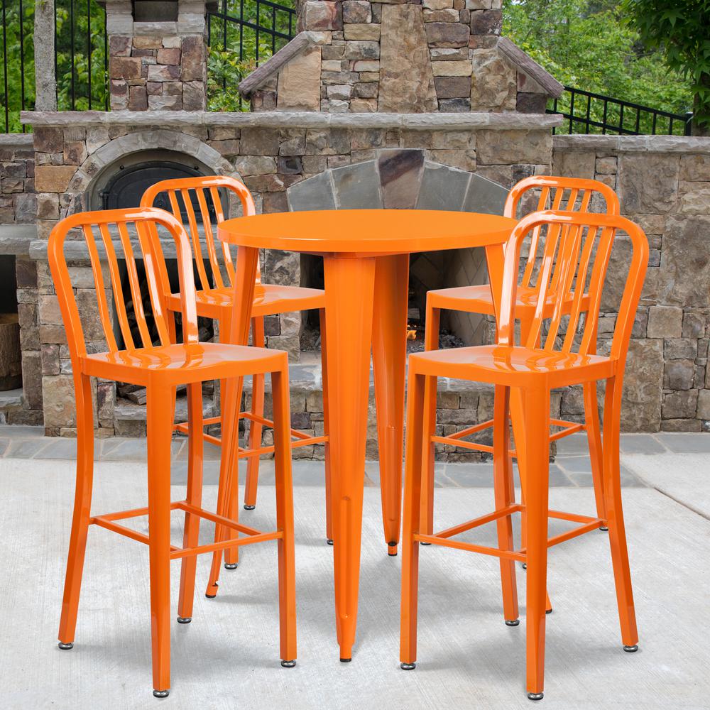 Commercial Grade 30" Round Orange Metal Indoor-Outdoor Bar Table Set with 4 Vertical Slat Back Stools. Picture 4