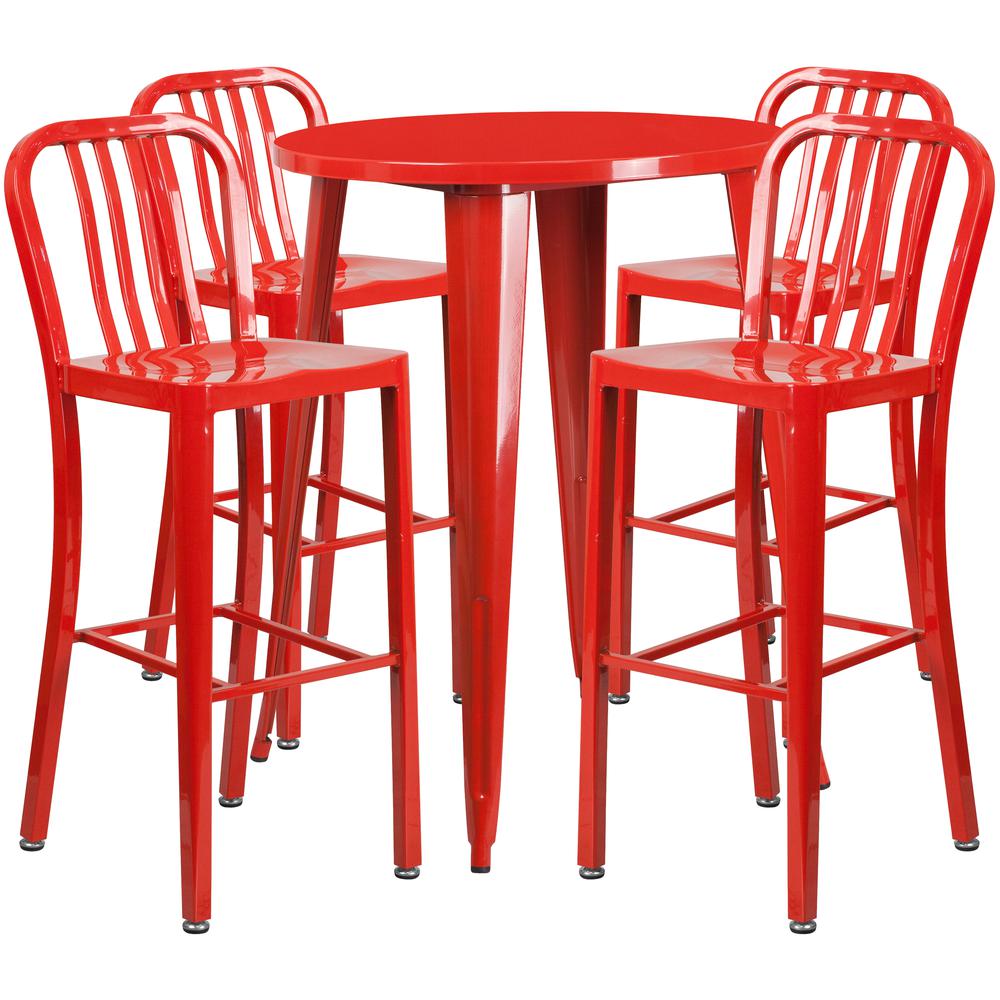 Commercial Grade 30" Round Red Metal Indoor-Outdoor Bar Table Set with 4 Vertical Slat Back Stools. The main picture.