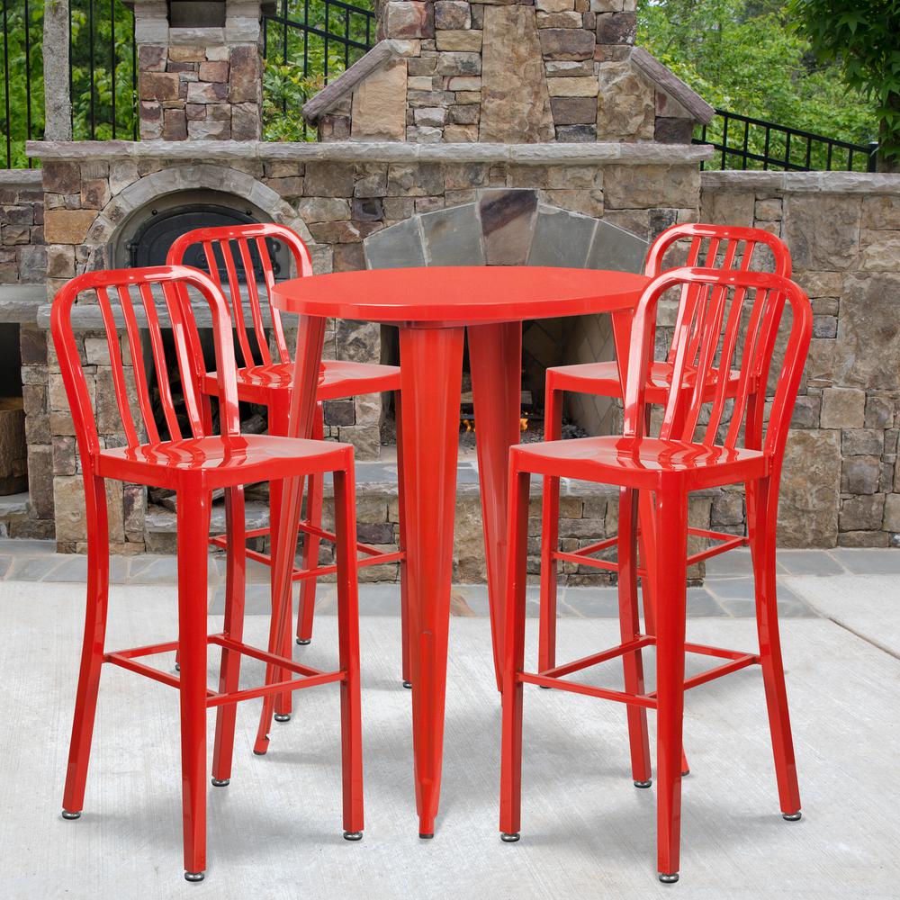 Commercial Grade 30" Round Red Metal Indoor-Outdoor Bar Table Set with 4 Vertical Slat Back Stools. Picture 4