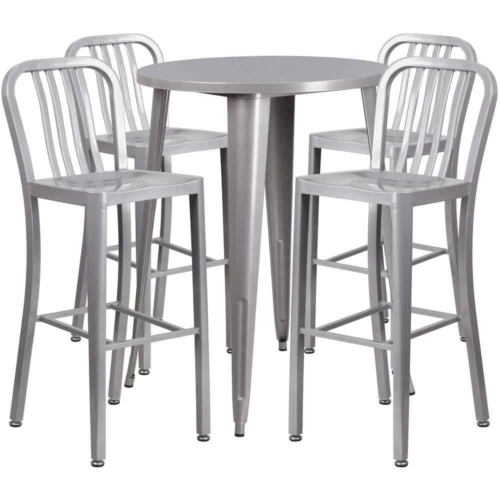 Commercial Grade 30" Round Silver Metal Indoor-Outdoor Bar Table Set with 4 Vertical Slat Back Stools. Picture 1