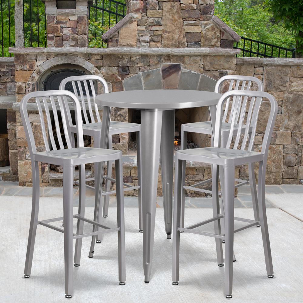 Commercial Grade 30" Round Silver Metal Indoor-Outdoor Bar Table Set with 4 Vertical Slat Back Stools. Picture 4