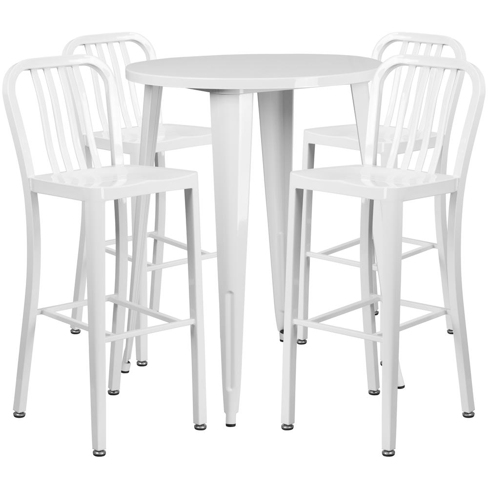 Commercial Grade 30" Round White Metal Indoor-Outdoor Bar Table Set with 4 Vertical Slat Back Stools. Picture 1