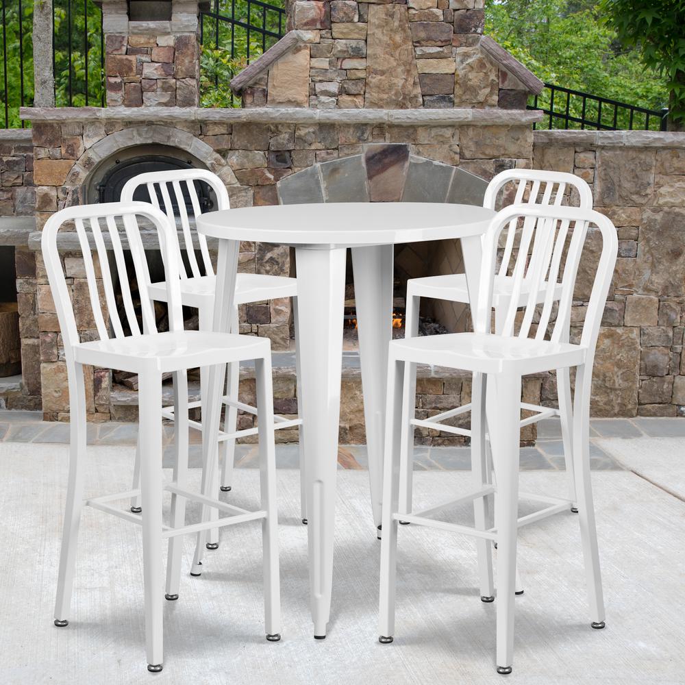 Commercial Grade 30" Round White Metal Indoor-Outdoor Bar Table Set with 4 Vertical Slat Back Stools. Picture 4