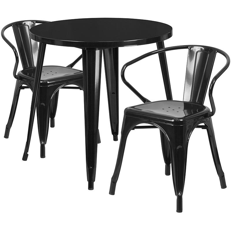 Commercial Grade 30" Round Black Metal Indoor-Outdoor Table Set with 2 Arm Chairs. The main picture.