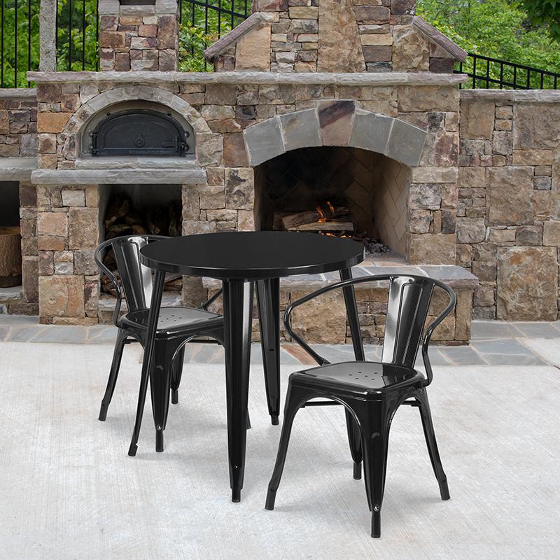 Commercial Grade 30" Round Black Metal Indoor-Outdoor Table Set with 2 Arm Chairs. Picture 4