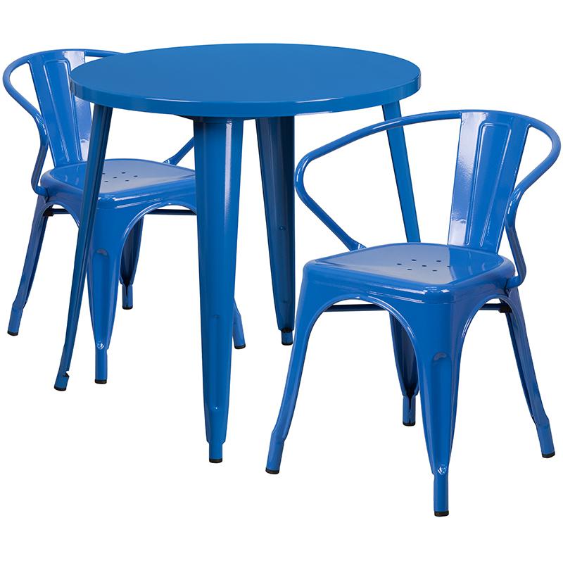 Commercial Grade 30" Round Blue Metal Indoor-Outdoor Table Set with 2 Arm Chairs. Picture 1