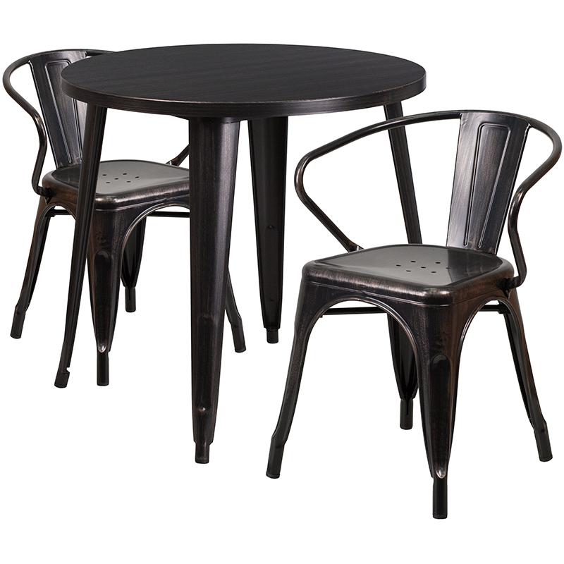 Commercial Grade 30" Round Black-Antique Gold Metal Indoor-Outdoor Table Set with 2 Arm Chairs. Picture 1