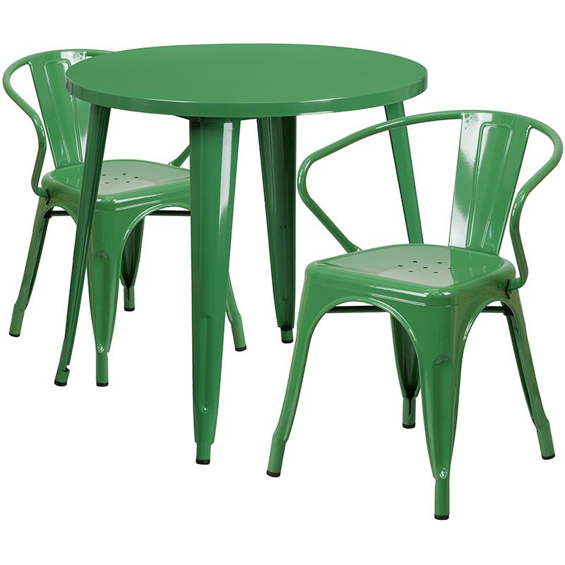 30" Round Green Metal Indoor-Outdoor Table Set with 2 Arm Chairs. Picture 2