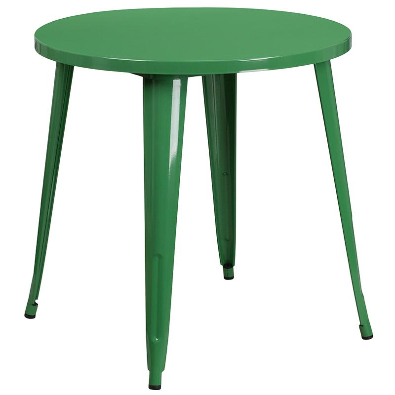 30" Round Green Metal Indoor-Outdoor Table Set with 2 Arm Chairs. Picture 4