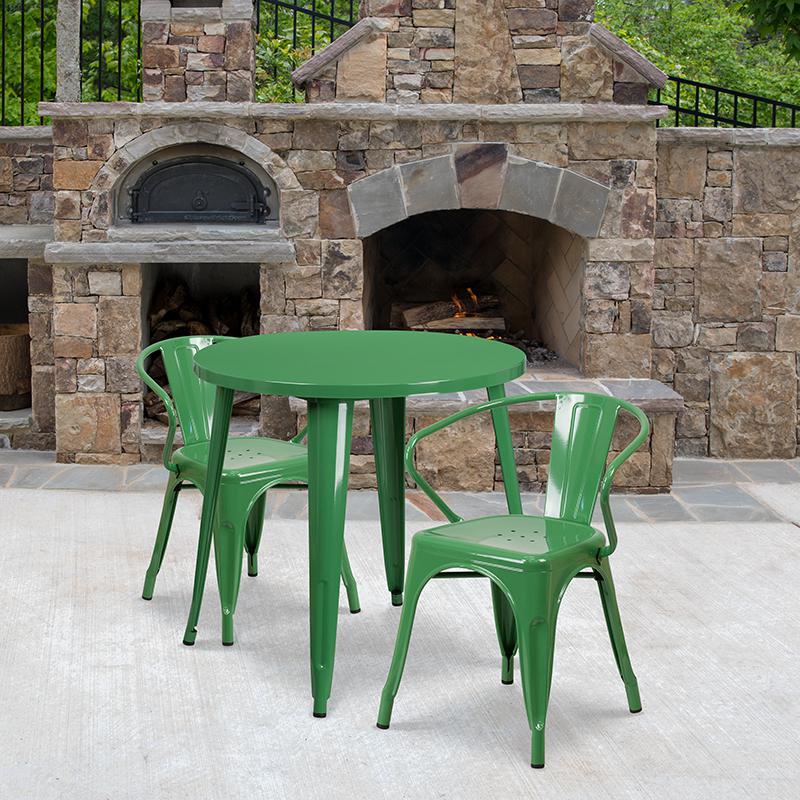 30" Round Green Metal Indoor-Outdoor Table Set with 2 Arm Chairs. Picture 1