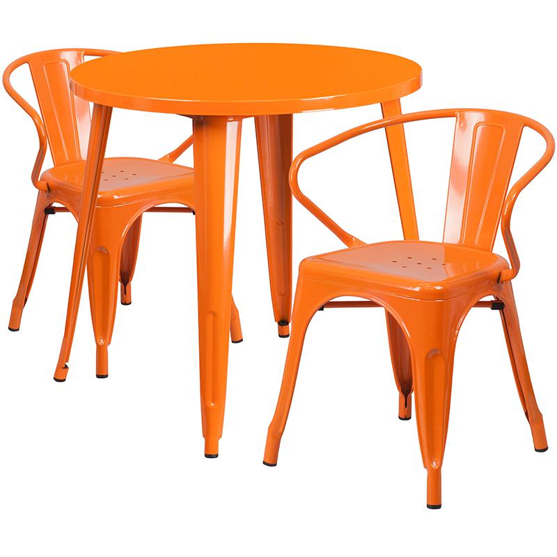 Commercial Grade 30" Round Orange Metal Indoor-Outdoor Table Set with 2 Arm Chairs. The main picture.