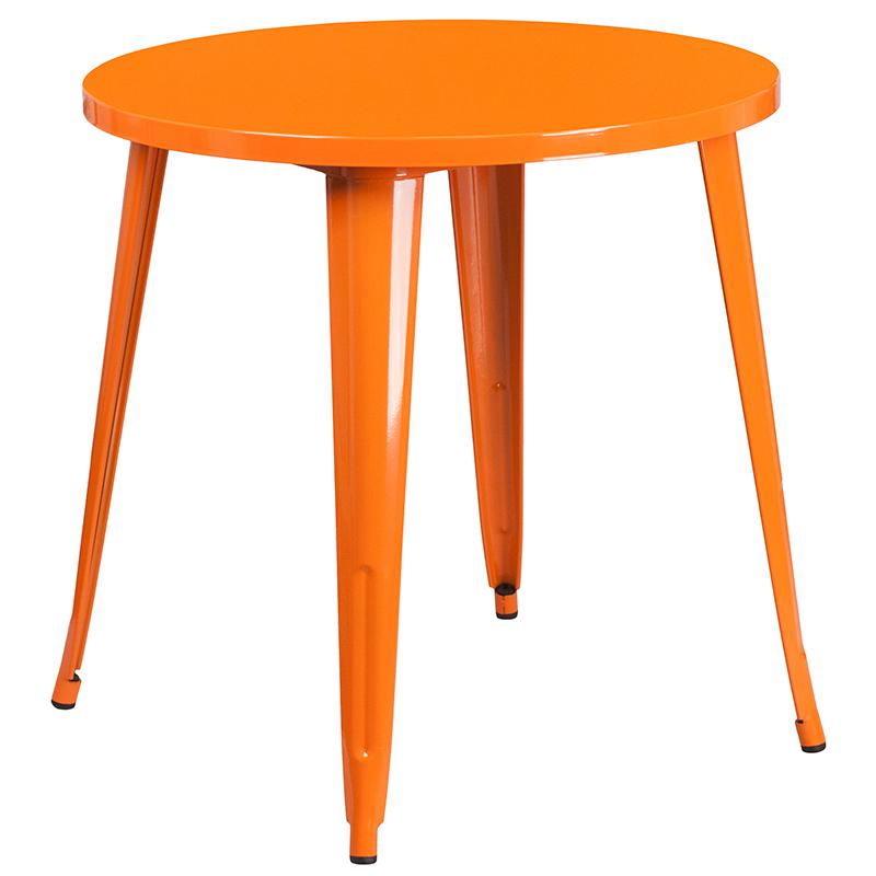 Commercial Grade 30" Round Orange Metal Indoor-Outdoor Table Set with 2 Arm Chairs. Picture 2