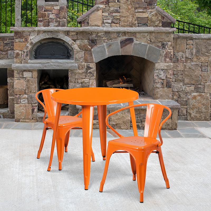 Commercial Grade 30" Round Orange Metal Indoor-Outdoor Table Set with 2 Arm Chairs. Picture 4