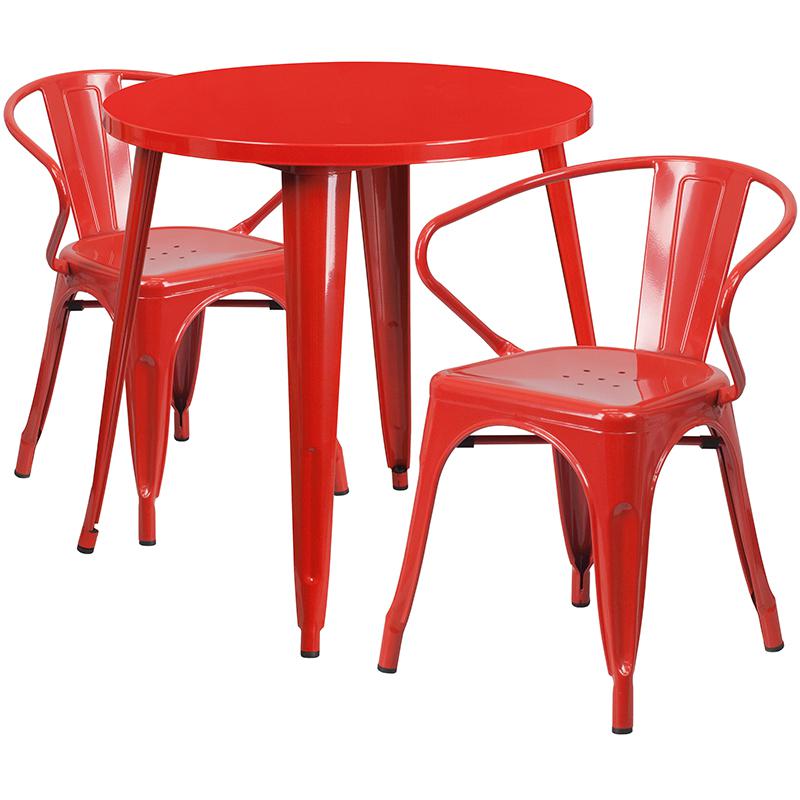 Commercial Grade 30" Round Red Metal Indoor-Outdoor Table Set with 2 Arm Chairs. Picture 1