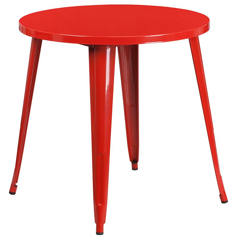 30" Round Red Metal Indoor-Outdoor Table Set with 2 Arm Chairs. Picture 4