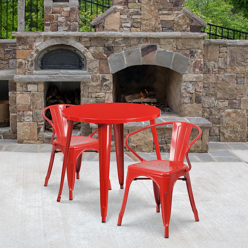 Commercial Grade 30" Round Red Metal Indoor-Outdoor Table Set with 2 Arm Chairs. Picture 4