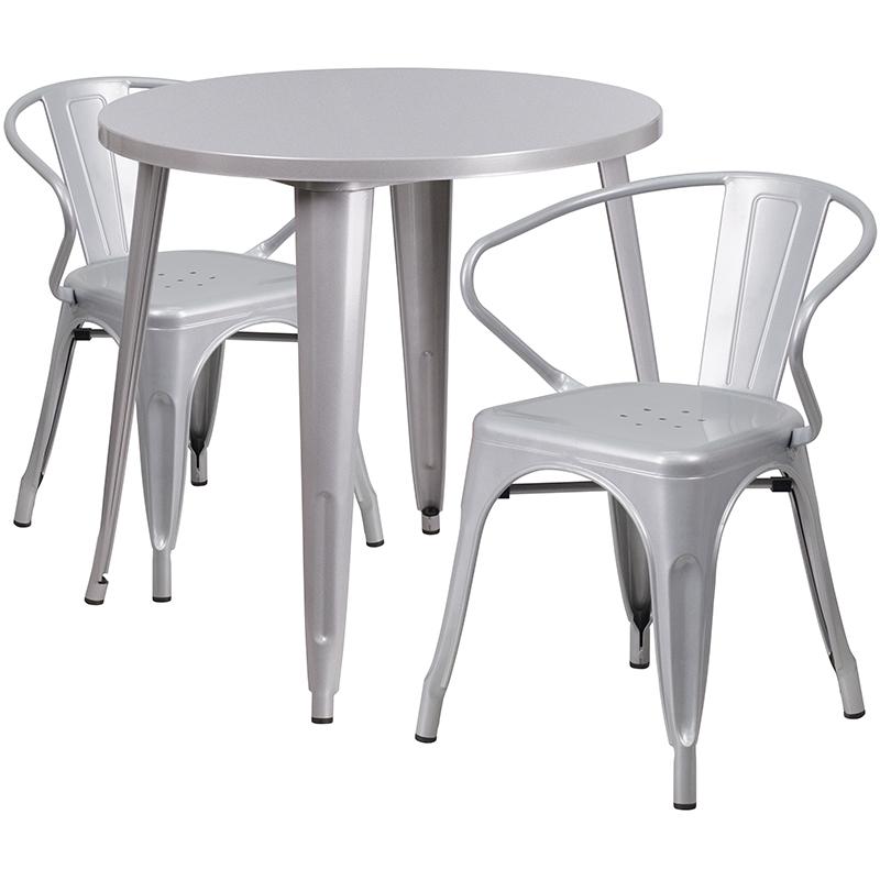 Commercial Grade 30" Round Silver Metal Indoor-Outdoor Table Set with 2 Arm Chairs. Picture 1