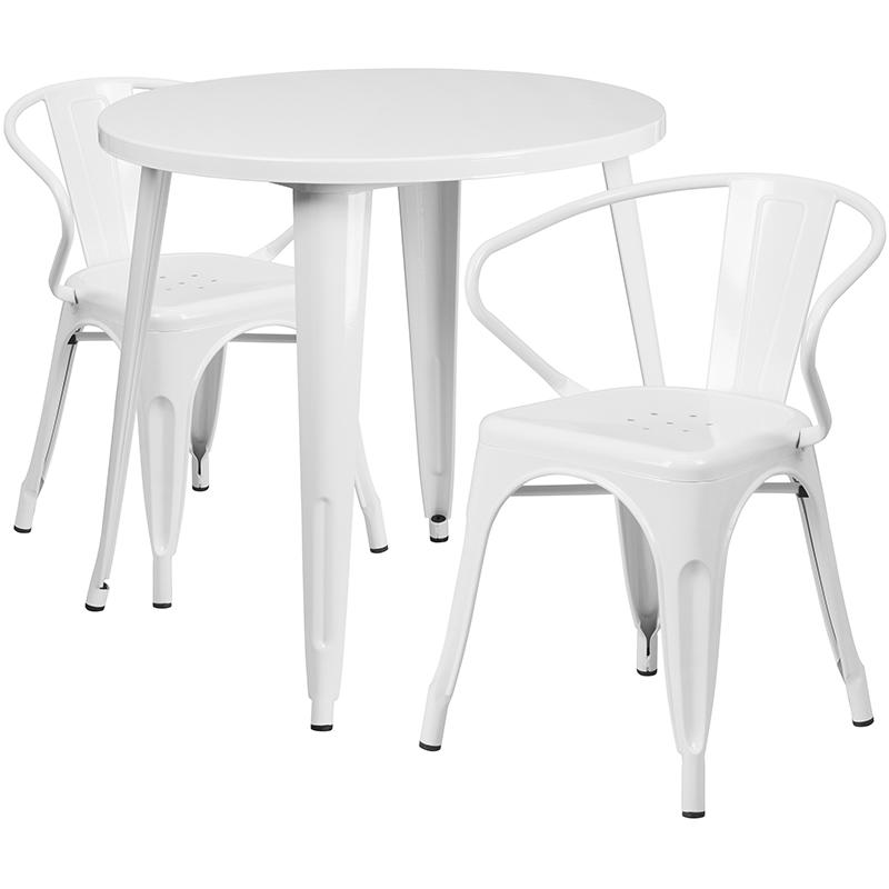 Commercial Grade 30" Round White Metal Indoor-Outdoor Table Set with 2 Arm Chairs. Picture 1