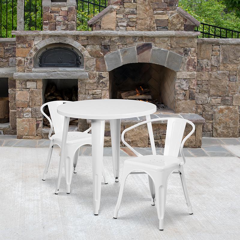 Commercial Grade 30" Round White Metal Indoor-Outdoor Table Set with 2 Arm Chairs. Picture 4