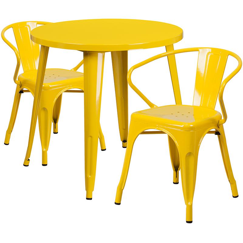 30'' Round Yellow Metal Indoor-Outdoor Table Set with 2 Arm Chairs. Picture 2