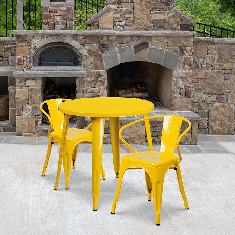 30'' Round Yellow Metal Indoor-Outdoor Table Set with 2 Arm Chairs. The main picture.