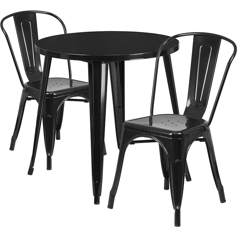 30" Round Black Metal Indoor-Outdoor Table Set with 2 Cafe Chairs. Picture 2