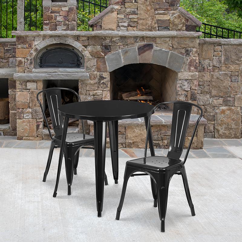 30" Round Black Metal Indoor-Outdoor Table Set with 2 Cafe Chairs. Picture 1