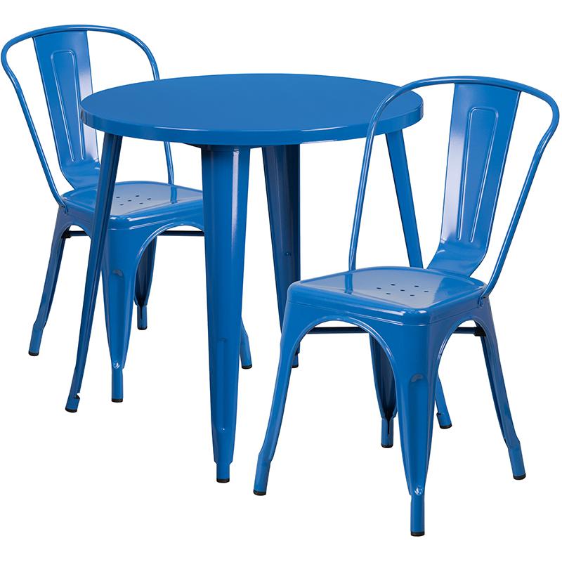 Commercial Grade 30" Round Blue Metal Indoor-Outdoor Table Set with 2 Cafe Chairs. Picture 1