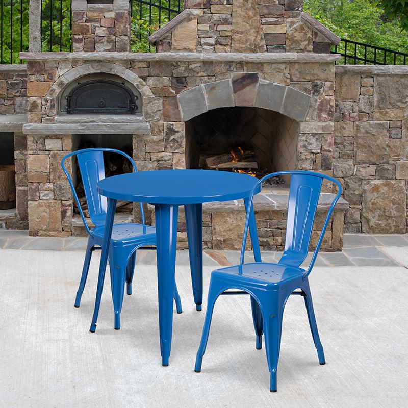 Commercial Grade 30" Round Blue Metal Indoor-Outdoor Table Set with 2 Cafe Chairs. Picture 4