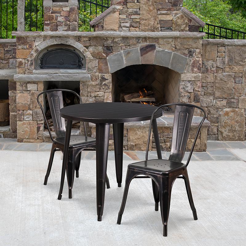 Commercial Grade 30" Round Black-Antique Gold Metal Indoor-Outdoor Table Set with 2 Cafe Chairs. Picture 4