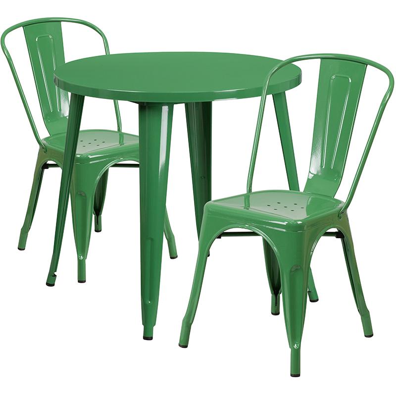 Commercial Grade 30" Round Green Metal Indoor-Outdoor Table Set with 2 Cafe Chairs. Picture 1