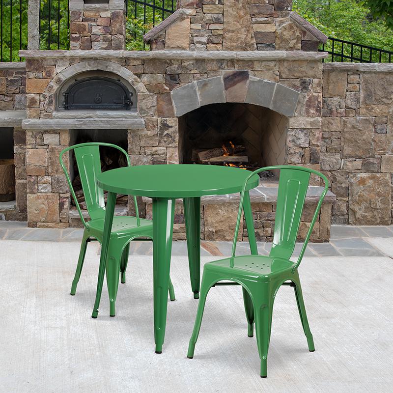 Commercial Grade 30" Round Green Metal Indoor-Outdoor Table Set with 2 Cafe Chairs. Picture 4